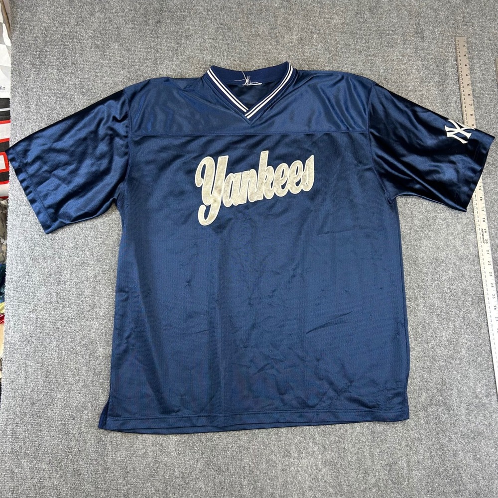 New York Yankees Navy Blue Mesh Baseball Jersey V-Neck Script Logo